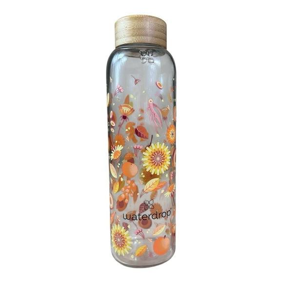 Durable Borosilicate Glass Water Bottle Orange Floral Leaf Pattern, Wood Top - Picture 1 of 6
